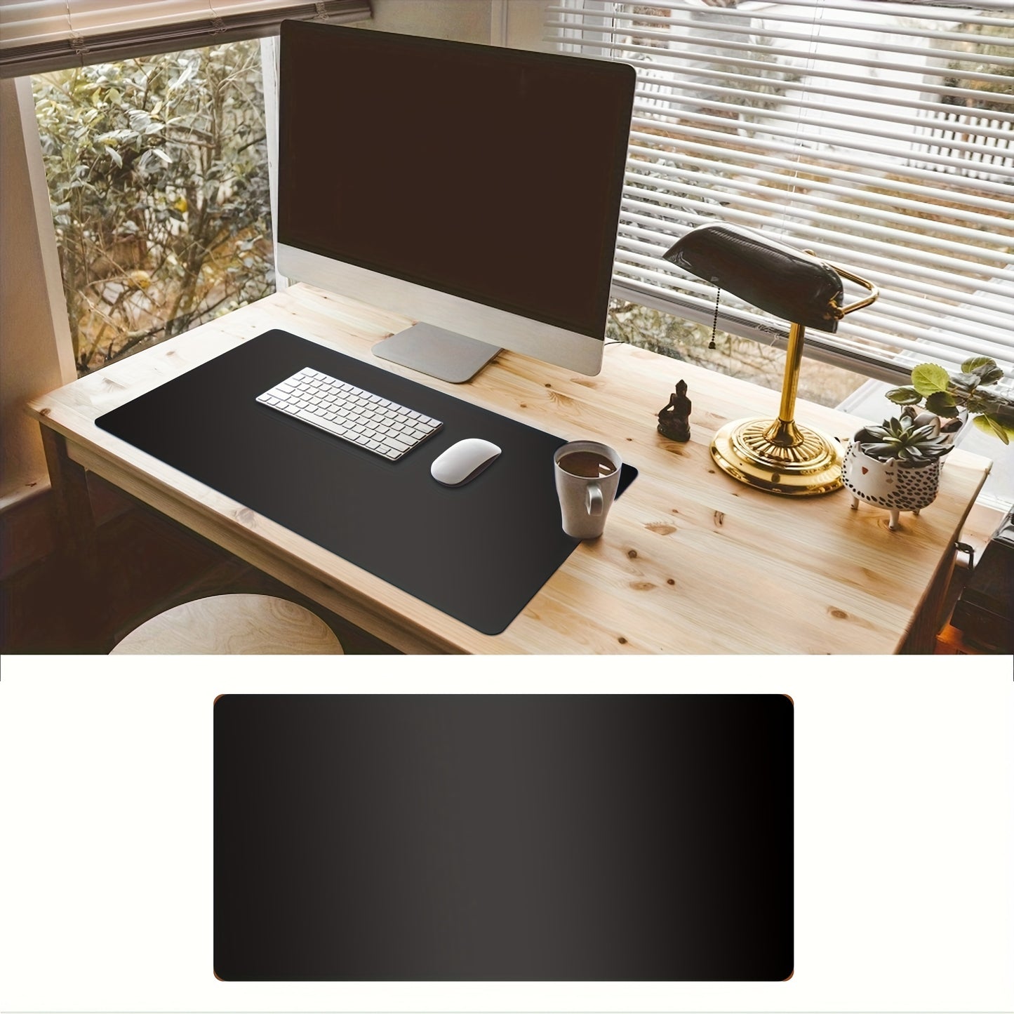 Non-slip PU leather desk pad for office and home use. Water and oil resistant, suitable for writing and using laptop and mouse. Available in two sizes.