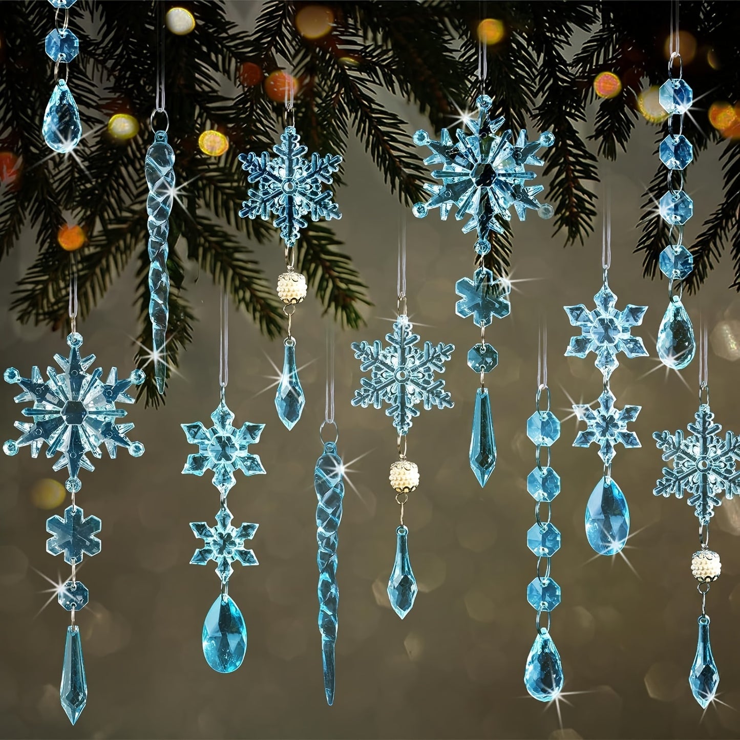 18 Christmas decorations including acrylic snowflakes and icicles with crystal pendants, light blue holiday ornaments that do not need electricity, perfect for Christmas, New Year, and seasonal celebrations as tree ornaments.