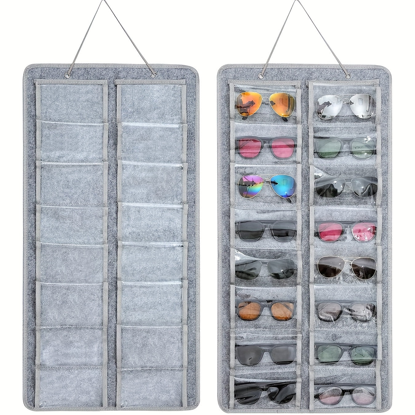 Get yourself the perfect solution for organizing your glasses with this 16-Slot Glasses Organizer. This hanging PVC wall pocket is dust-proof and includes a metal hook and sturdy rope for easy hanging. Ideal for storing women's fashion accessories, this