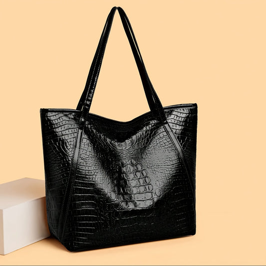 Women's stylish black tote bag with crocodile print, large capacity, and scratch-resistant material. Ideal for shopping, dates, parties, and commuting.