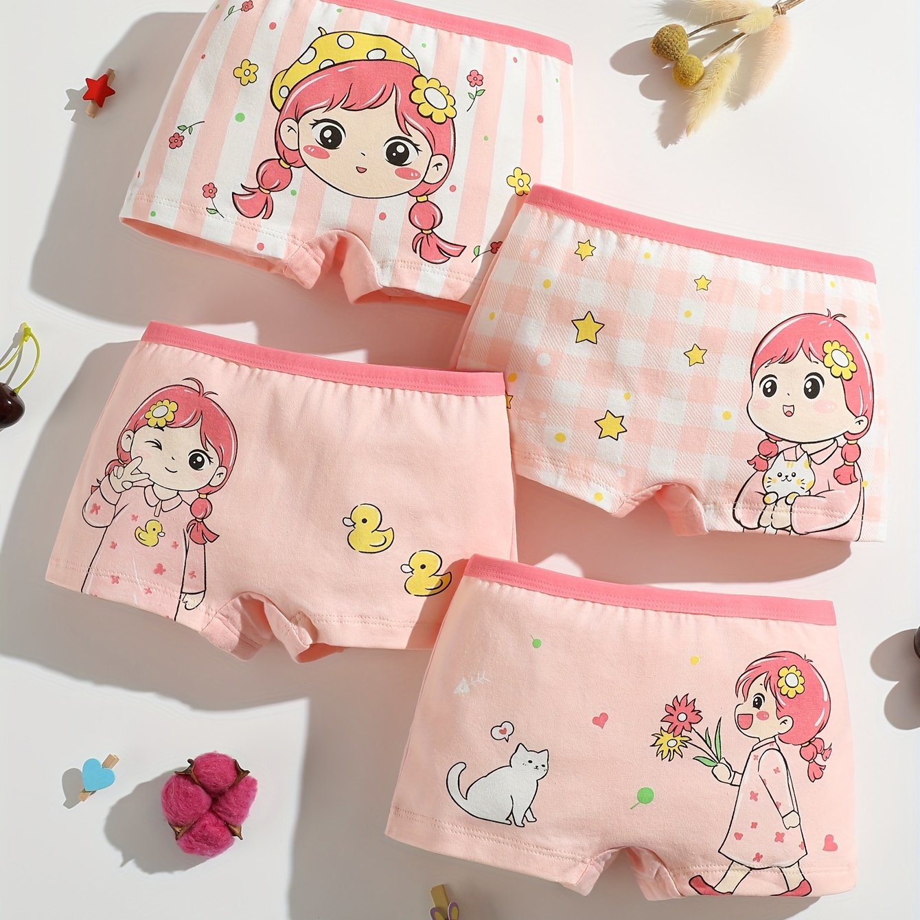 4 Soft Cotton Girls Boxer Briefs with Cartoon Pattern, Flat Leg Underwear