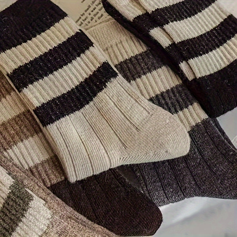 5 Striped Mid-Calf Socks for Women - Soft Polyester/Spandex Blend for Fall/Winter