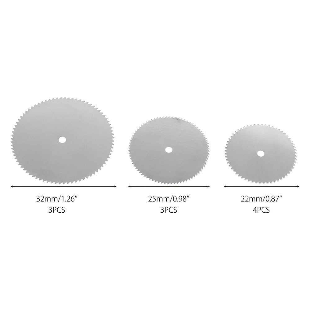 11-piece set of HSS Circular Saw Blades for wood cutting, includes 10 blades and 1 pole.