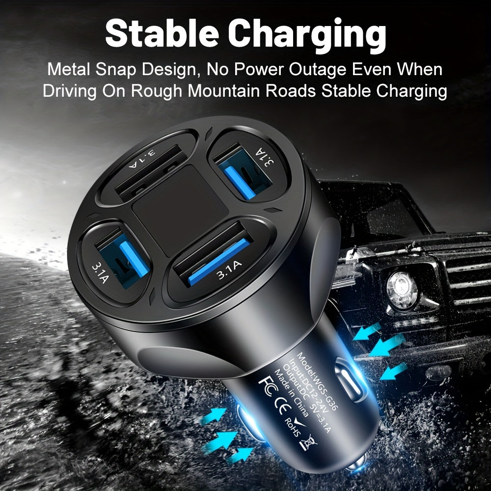 4-in-1 USB car charger with 3.1A fast charging across 4 ports.