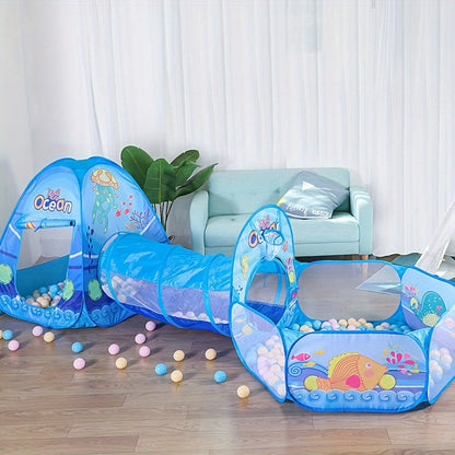 Children's 3-piece playset with ball pool, game tent, tunnel, and pop-up playhouse toys. Suitable for both boys and girls over 3 years old. Comes with a storage bag. Perfect birthday gift.