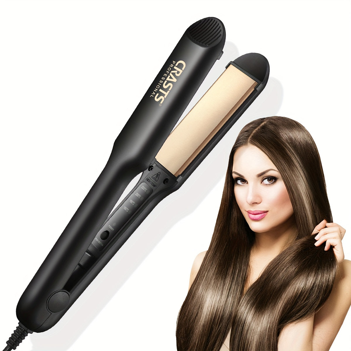 CRASTS Professional Hair Straightener is a dual function tool that is safe for all hair types and can be used with Europlug, USA Standard, and UK Standard power supplies.