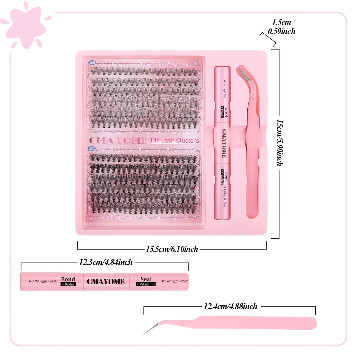 Pink Series DIY False Eyelashes Set includes 240pcs of C-shaped Curly False Eyelashes and 140pcs of Glue Tweezers. Features 8-16mm length, low sensitivity, easy application, and