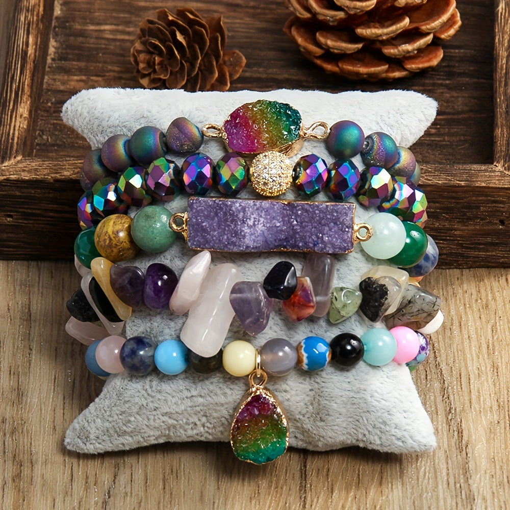 Set of 5 Bohemian Classic Beaded Bracelets featuring Natural Stone Druzy Gravel Glass, February Birthstone, Elastic Stackable design for Daily & Vacation Wear, accented with Synthetic Zirconia for a touch of elegance, perfect for all seasons.