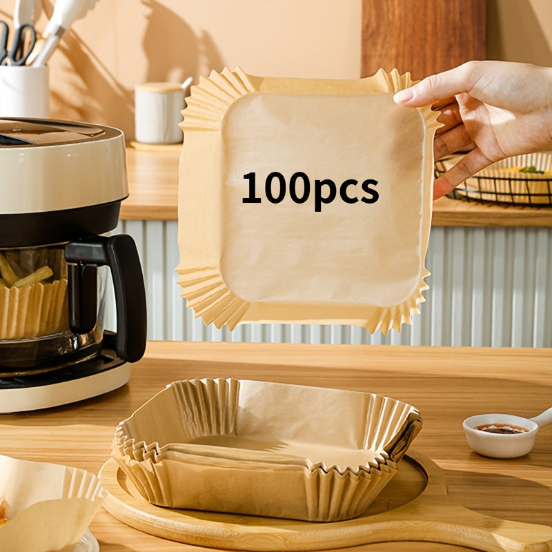 Square Air Fryer Liners - Pack of 100, Made with Food Grade, Heat and Oil Resistant Paper for Baking, Roasting, and Microwave Use. Durable, Easy to Clean, High Temperature Resistant Silicone Coating. Foldable for convenience.