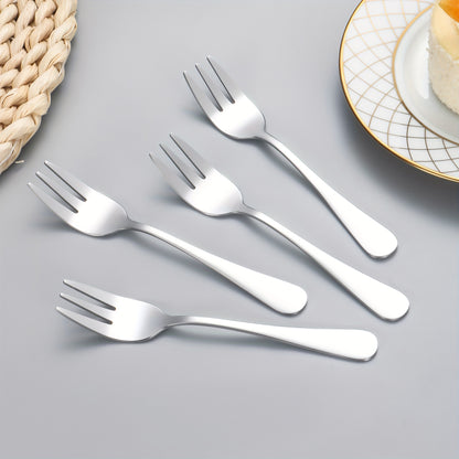 Set of 4 stainless steel dessert forks for serving fruit, cake, snacks, tea, and salad, perfect for restaurants, parties, weddings, and dessert displays.