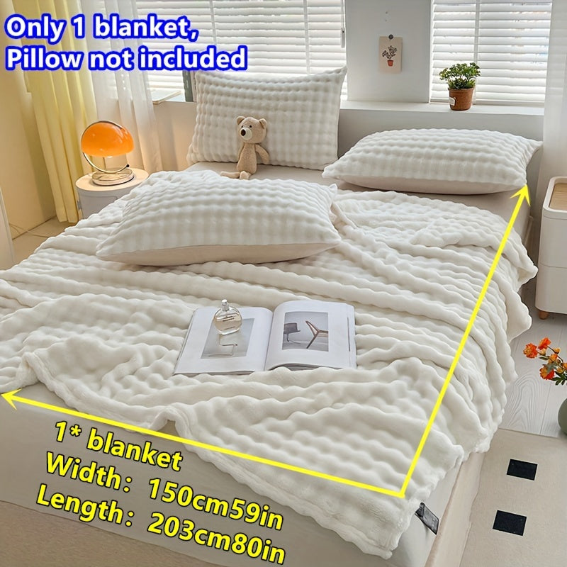 Soft Bubble Fleece Blanket - 1 piece, All-Season, Contemporary Style, Machine Washable, Solid White Color, Made of Polyester, Knitted, Water Washed, 200-250gsm Weight, Versatile for Bed, Sofa, Bedroom, Travel, and Camping Use