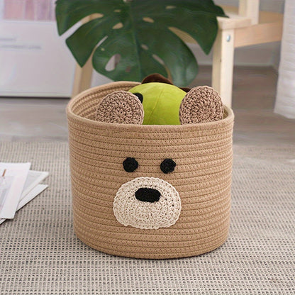 Oyhomo brown bear storage basket suitable for toys and gifts, 23.11x19.05 cm, woven rope design, ideal for stuffed animal storage.