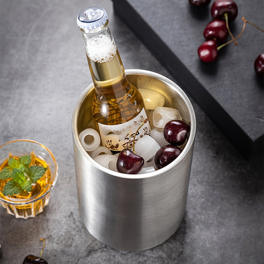 Stainless steel double-deck ice bucket for cooling beverages in outdoor settings, portable for picnics and parties.