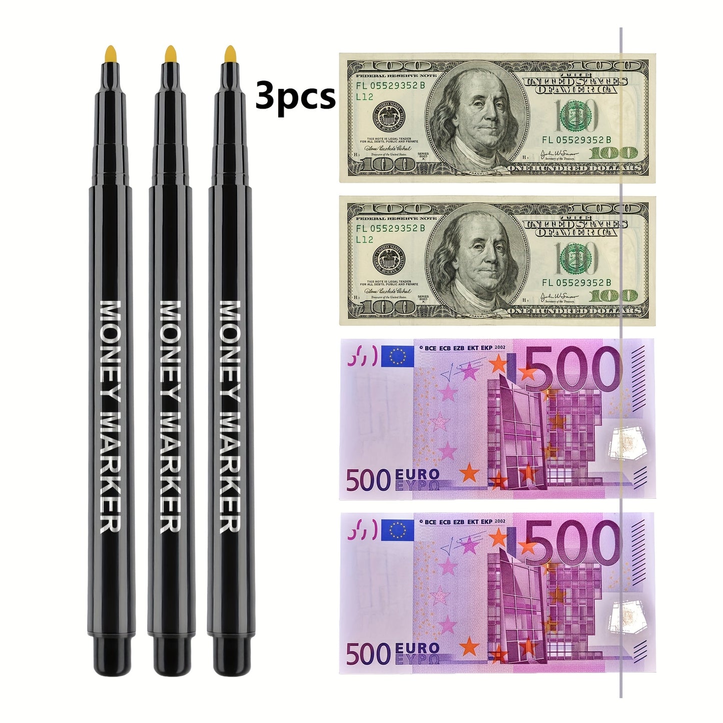 Non-electric counterfeit money marker pens with fading ink, available in 1/2/3 pack. Ideal for verifying multi-currency authenticity without batteries.