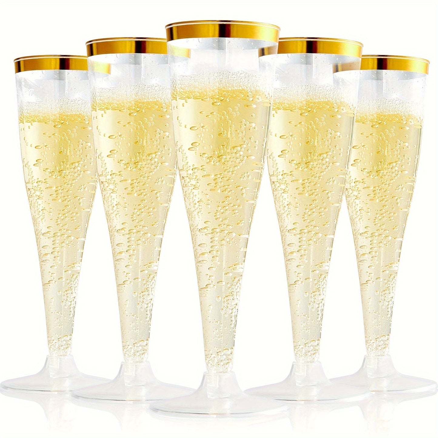 20-Pack of elegant plastic champagne flutes with golden rims, each holding 4.5oz of liquid. These recyclable and reusable toasting glasses are perfect for weddings, birthdays, and bridal showers. Versatile and convenient, these premium disposable