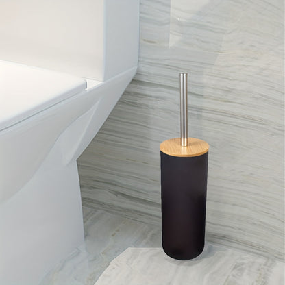 Sturdy plastic toilet brush with holder, medium firmness, portable freestanding bathroom cleaner.