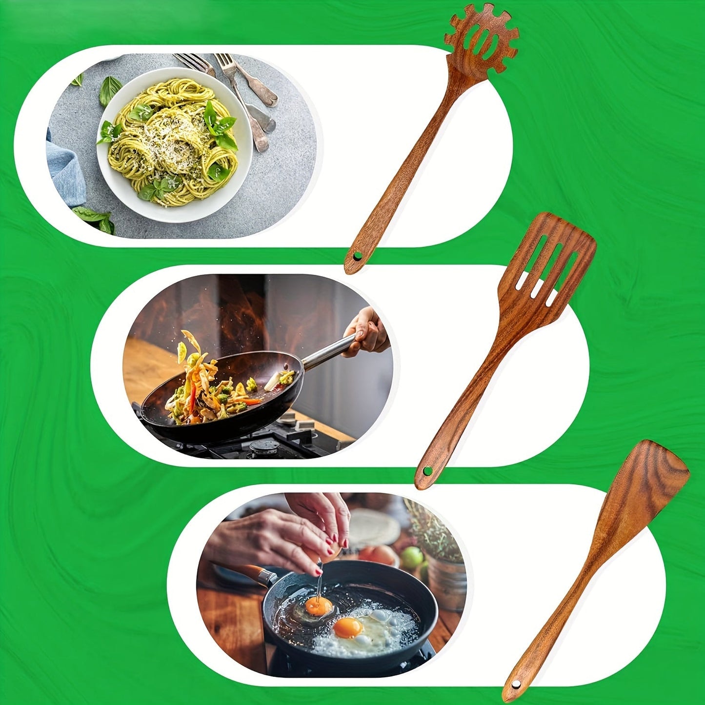 Set of 7 Wooden Kitchen Utensils with Holder - Sturdy, Heat-Resistant Cooking Tools such as Spoons, Spatula & More