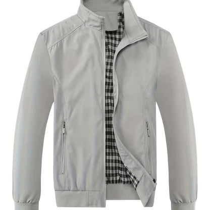 Men's zip-up stand collar coat with zipper pockets, ideal for Spring and Autumn.