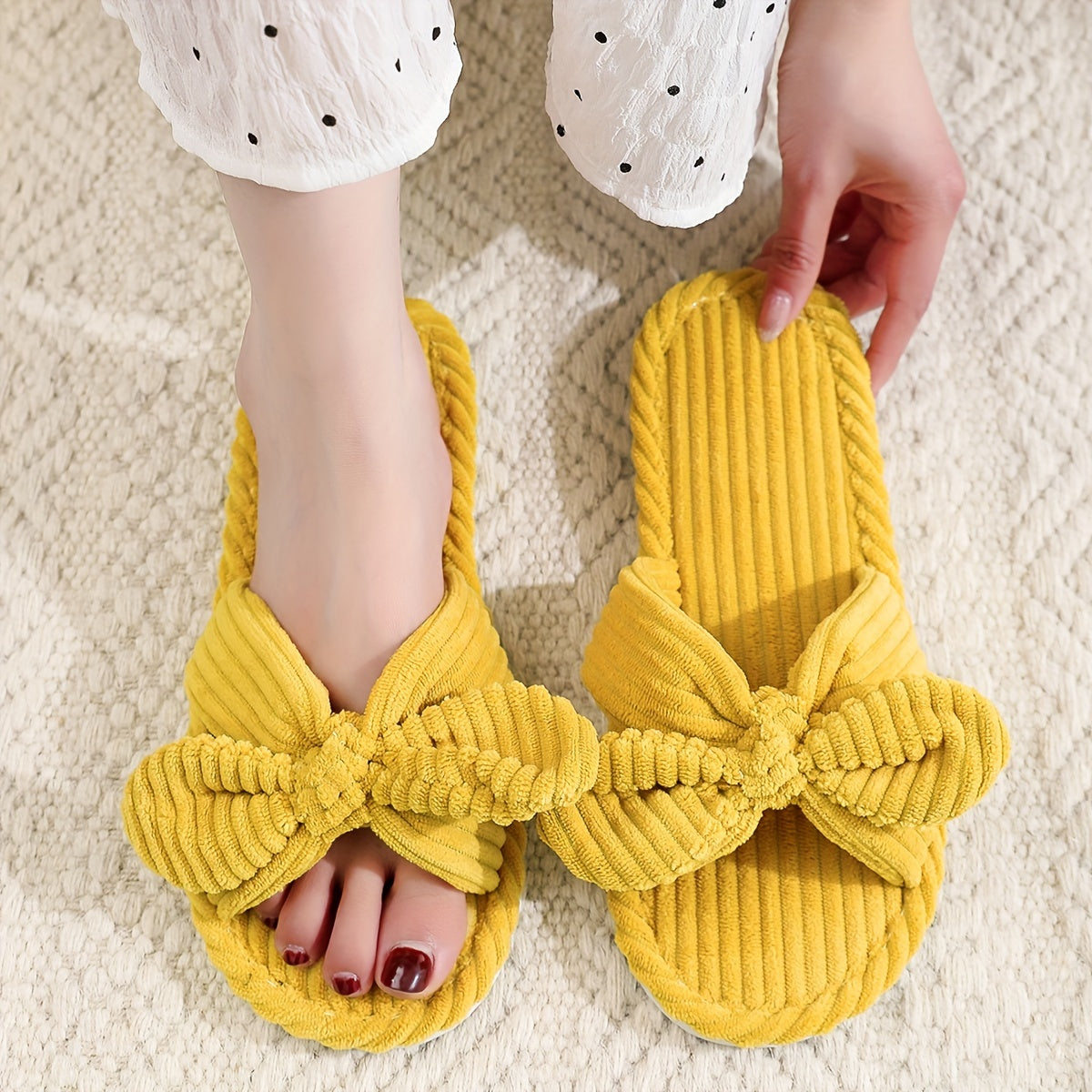 Women's Honey Girl Striped Corduroy Fuzzy Slippers with Non-Slip Sole, Hand Washable.