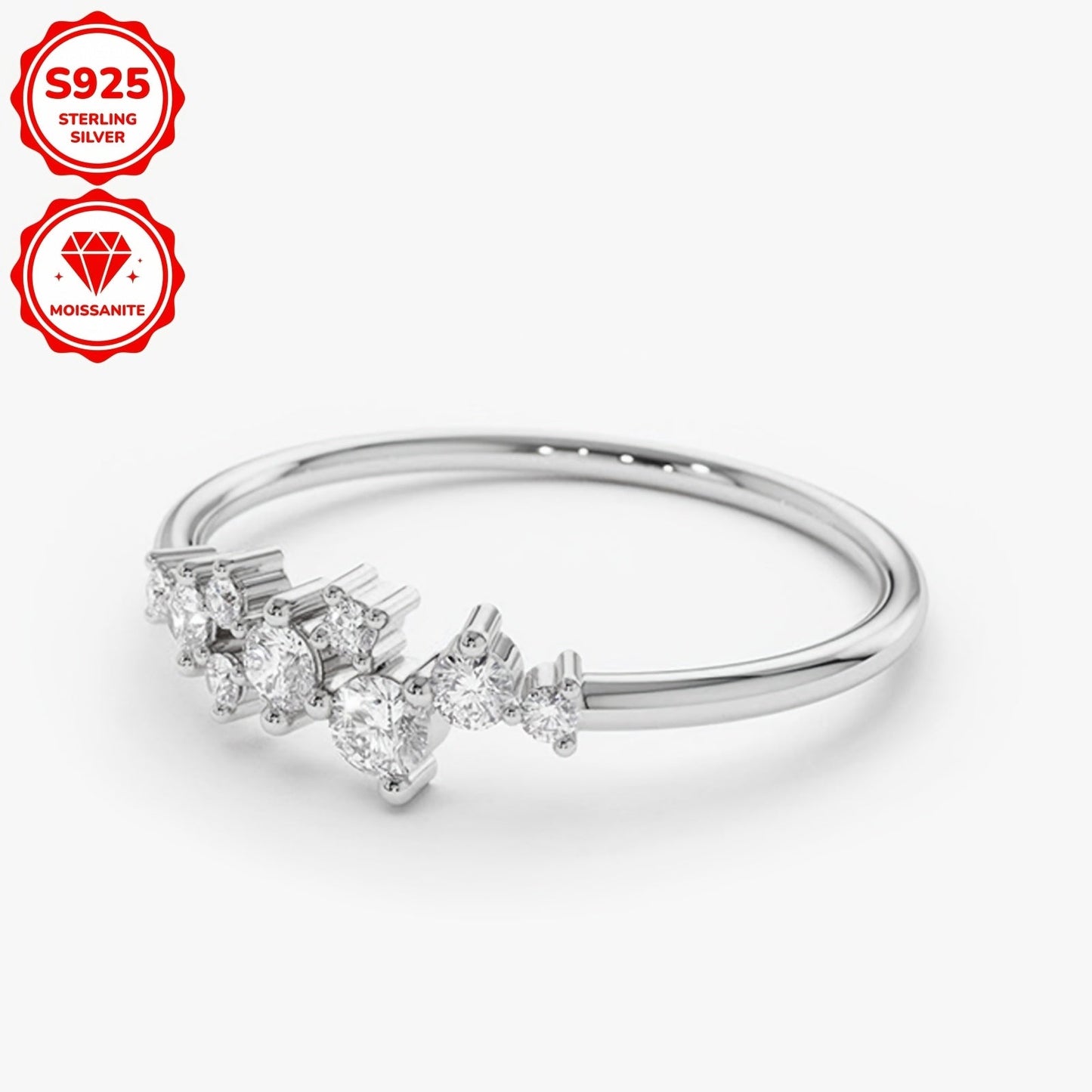 This delicate and stylish engagement ring for women is made of 925 silver and adorned with synthetic Moissanite stones. The ring features one 3mm stone, one 2.5mm stone, two 1.8mm stones, and five 1.6mm stones, totaling 0.3 carats. It is perfect for