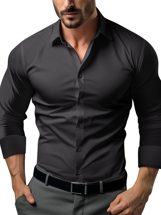 Men's cotton blend long sleeve lapel shirt for business/formal occasions, slim fit.