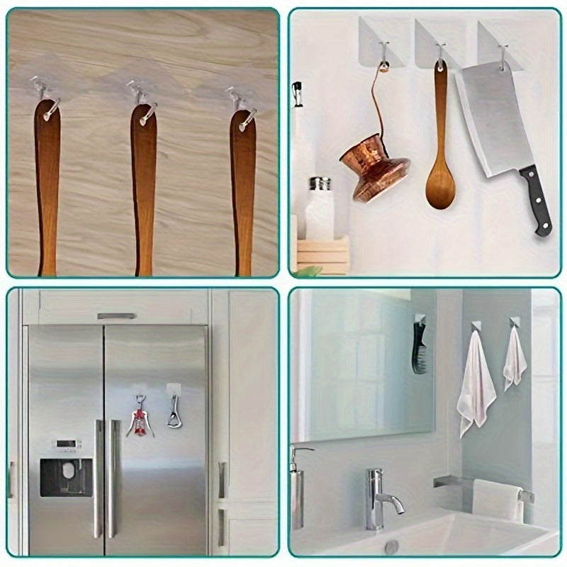 10 strong adhesive transparent kitchen hooks for no-drill wall mounting. Casual style, adjustable load-bearing sticky hangers with no trace. Utility hooks.