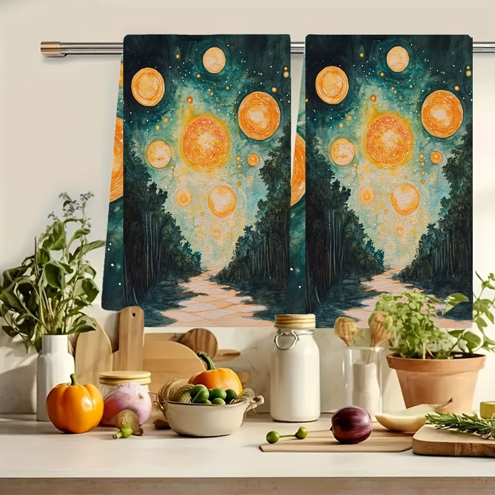 2 sets of luxurious kitchen towels featuring Signalis Star System artwork. These highly absorbent and machine washable dish hand towels measure 40.64x60.96 cm, making them perfect for holiday decor and everyday use. Elevate your kitchen with these