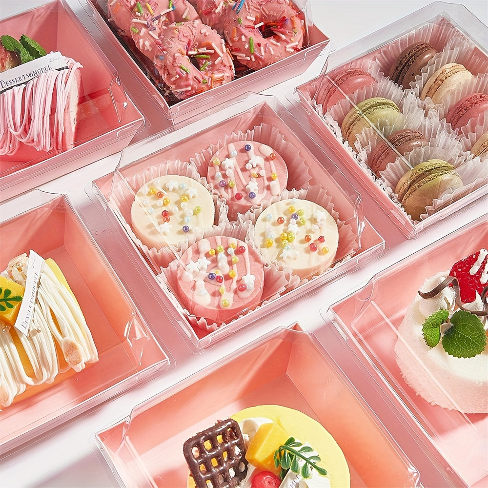 50 pieces of paper charcuterie boxes with clear secure lids, square dessert containers in pink bakery boxes ideal for storing strawberries, cookies, cake slices, brownies, and cinnamon rolls. These kitchen accessories are perfect for baking supplies