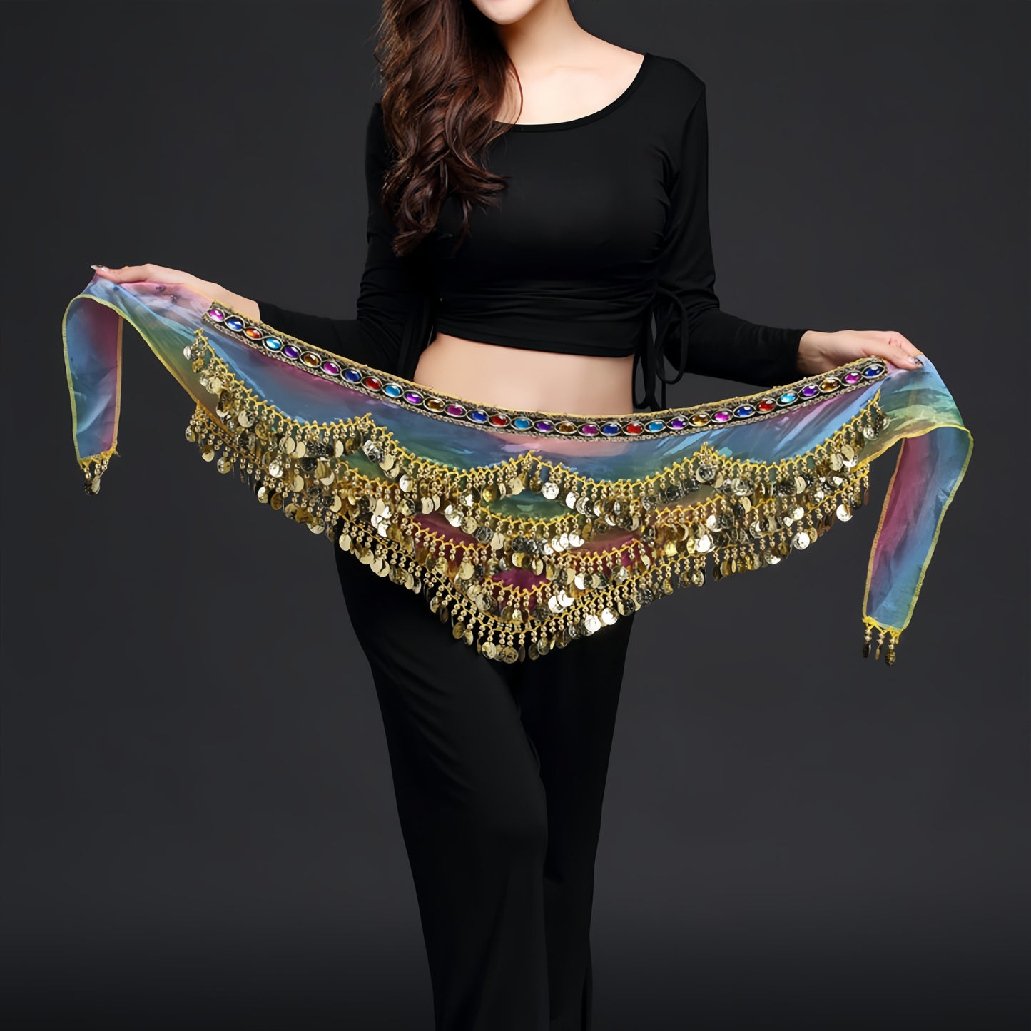 1 piece belly dance hip towel with sequin decoration for dance performances.