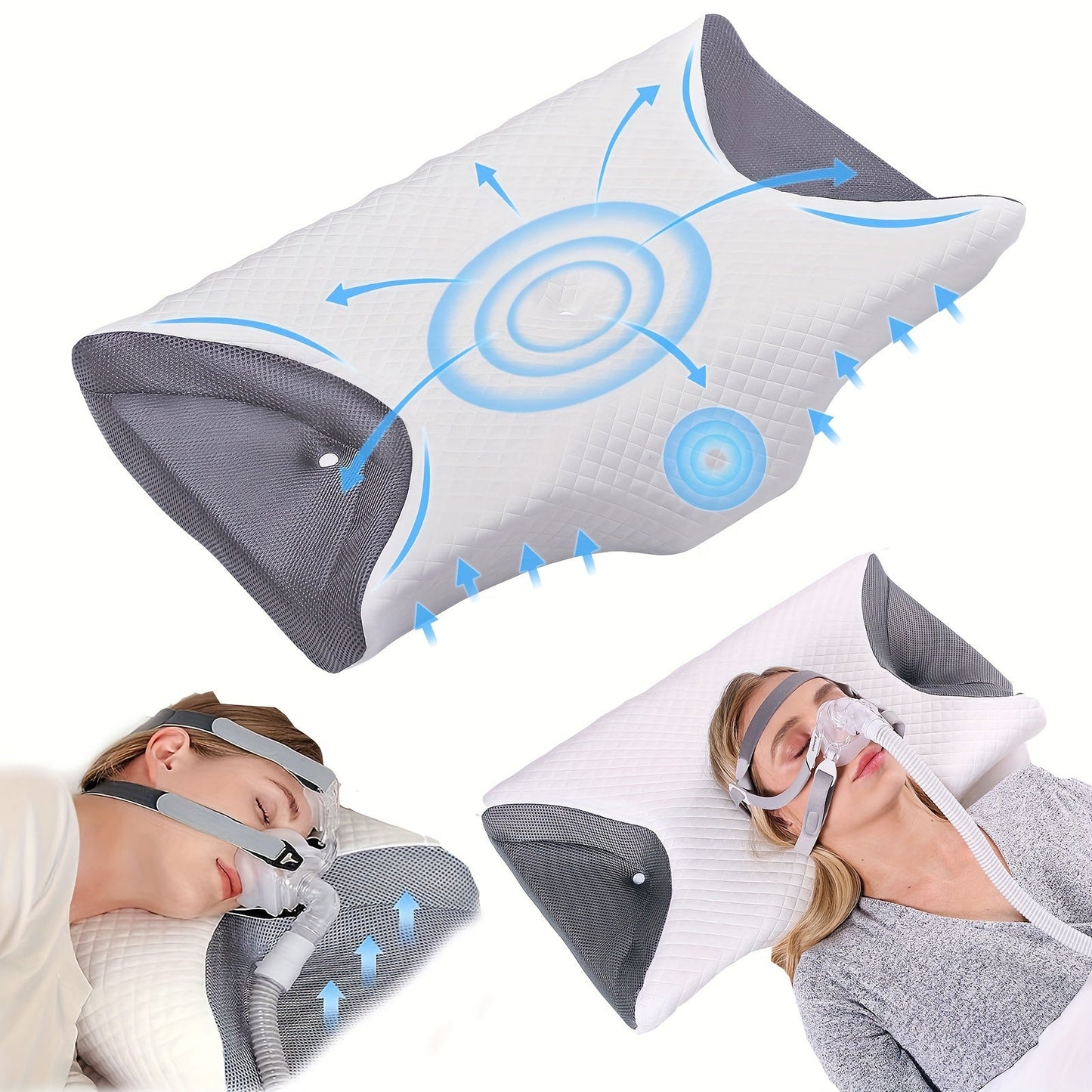 Get a 1-piece memory foam pillow designed specifically for side sleepers. This cervical pillow is perfect for relaxation and ideal for those using CPAP machines. Say goodbye to air leaks, hose tangles, and mask pressure with this Sleep Apnea Pillow. It