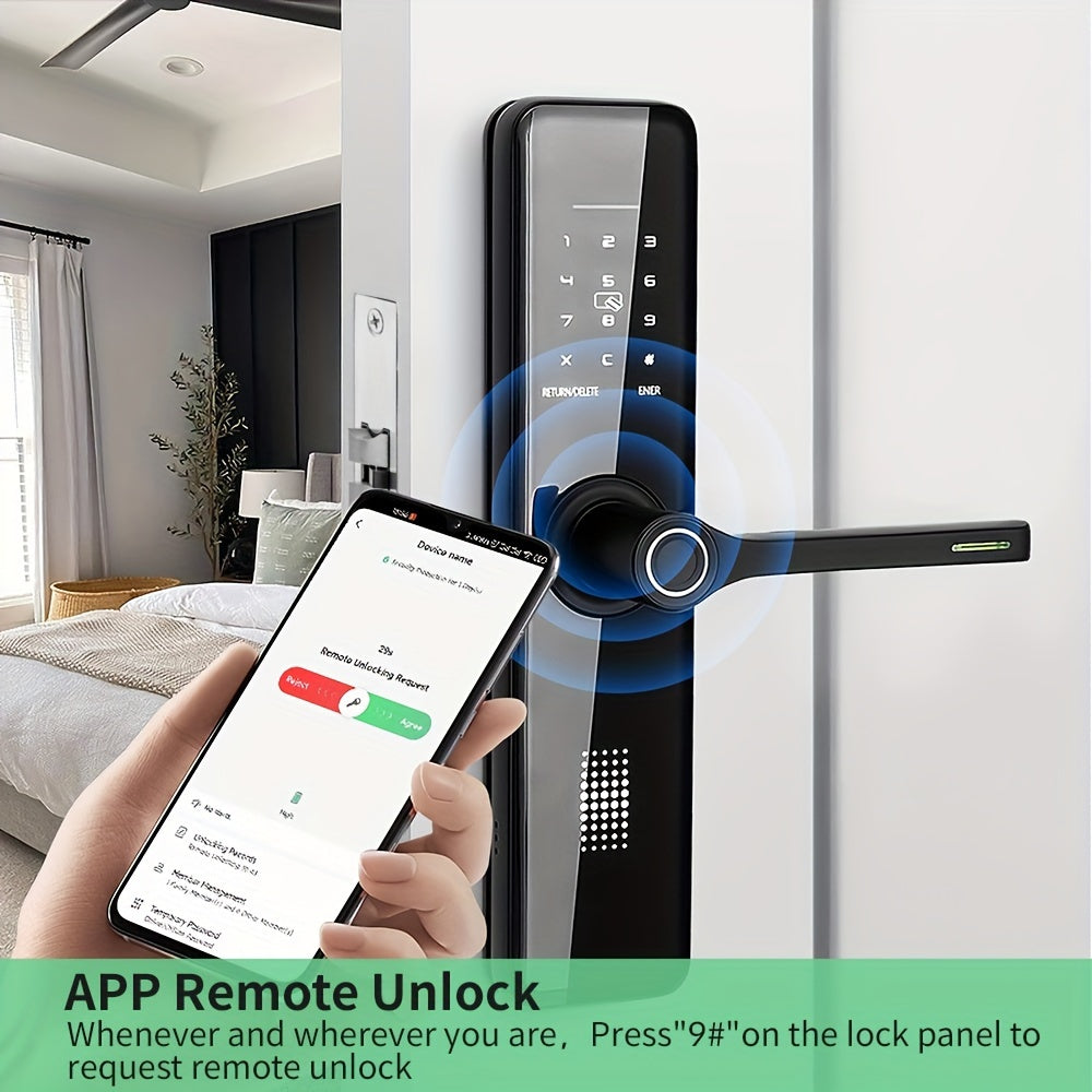 The SUMUS Smart Door Lock is a keyless entry, front door lock made of aluminum alloy. It is universal, battery powered, with Wi-fi, and includes an app and keypad. Shock-resistant but