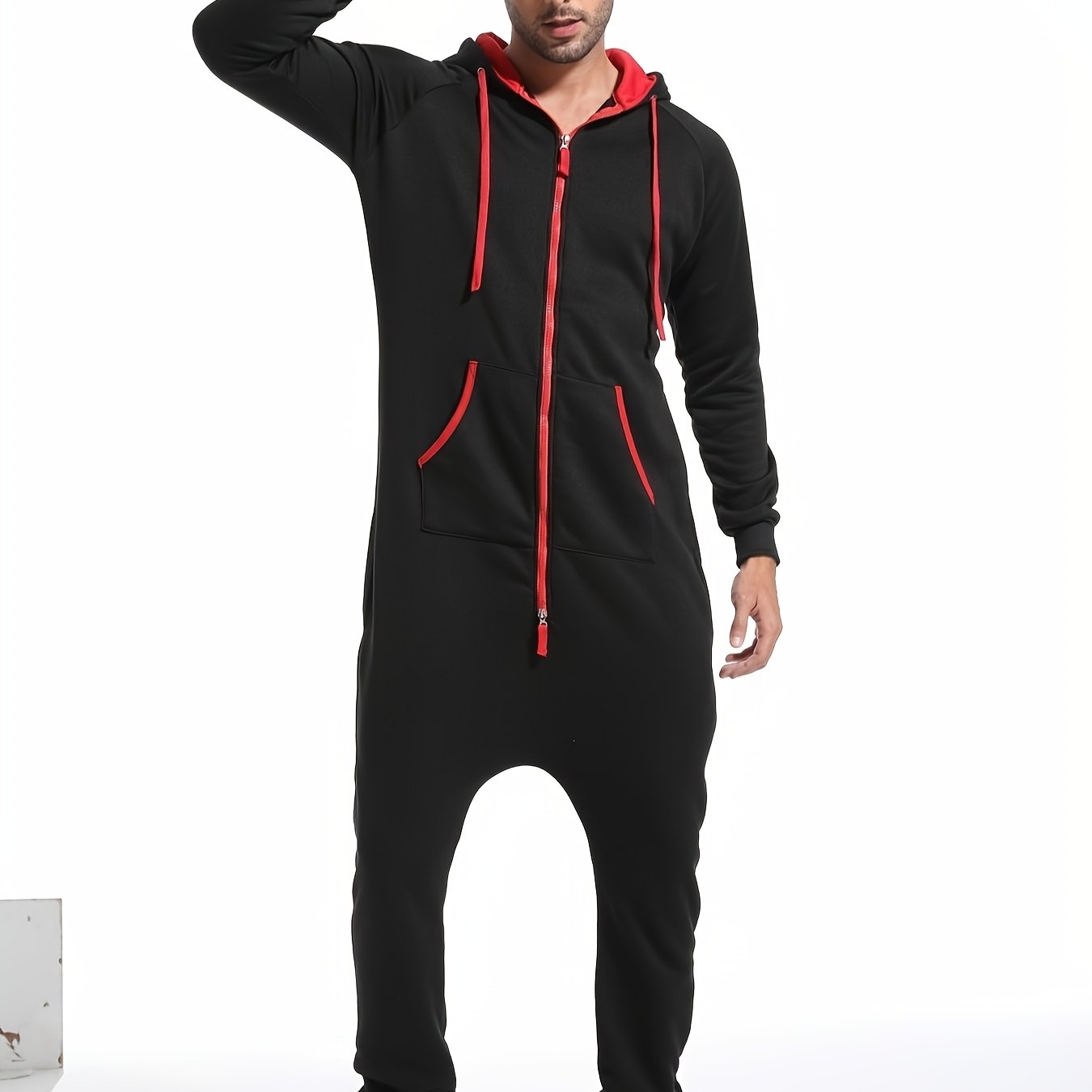 Men's Winter Pajama Jumpsuit - Solid color, long sleeved knit fabric, 100% polyester, hooded collar, with pockets and slight stretch. Comfortable lounge wear.