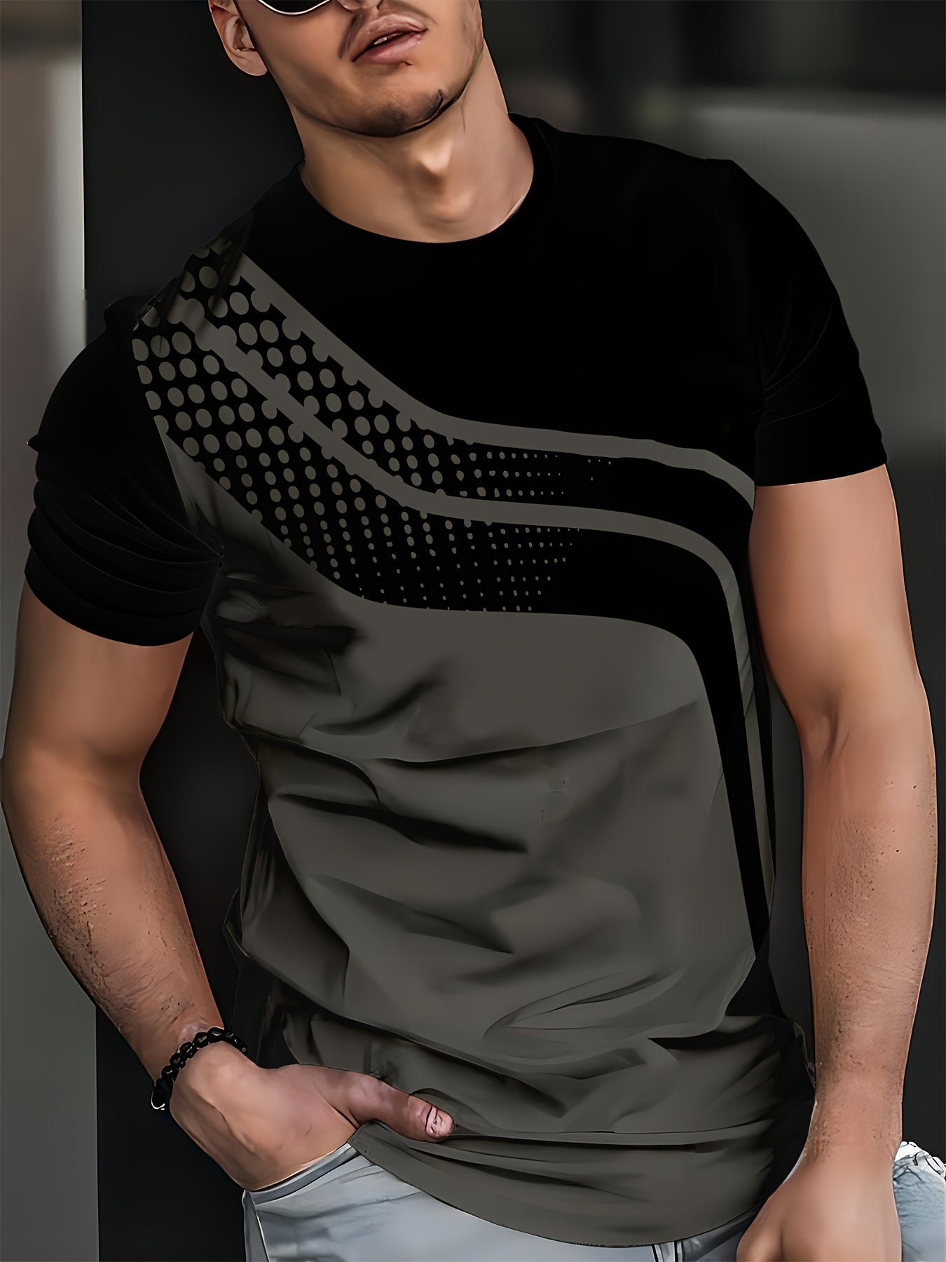 Men's Black & Grey Striped 3D Print T-Shirt - Round Neck, Short Sleeve, Summer Casual Wear, Polyester Blend, Machine Washable, Modern Gradient Design