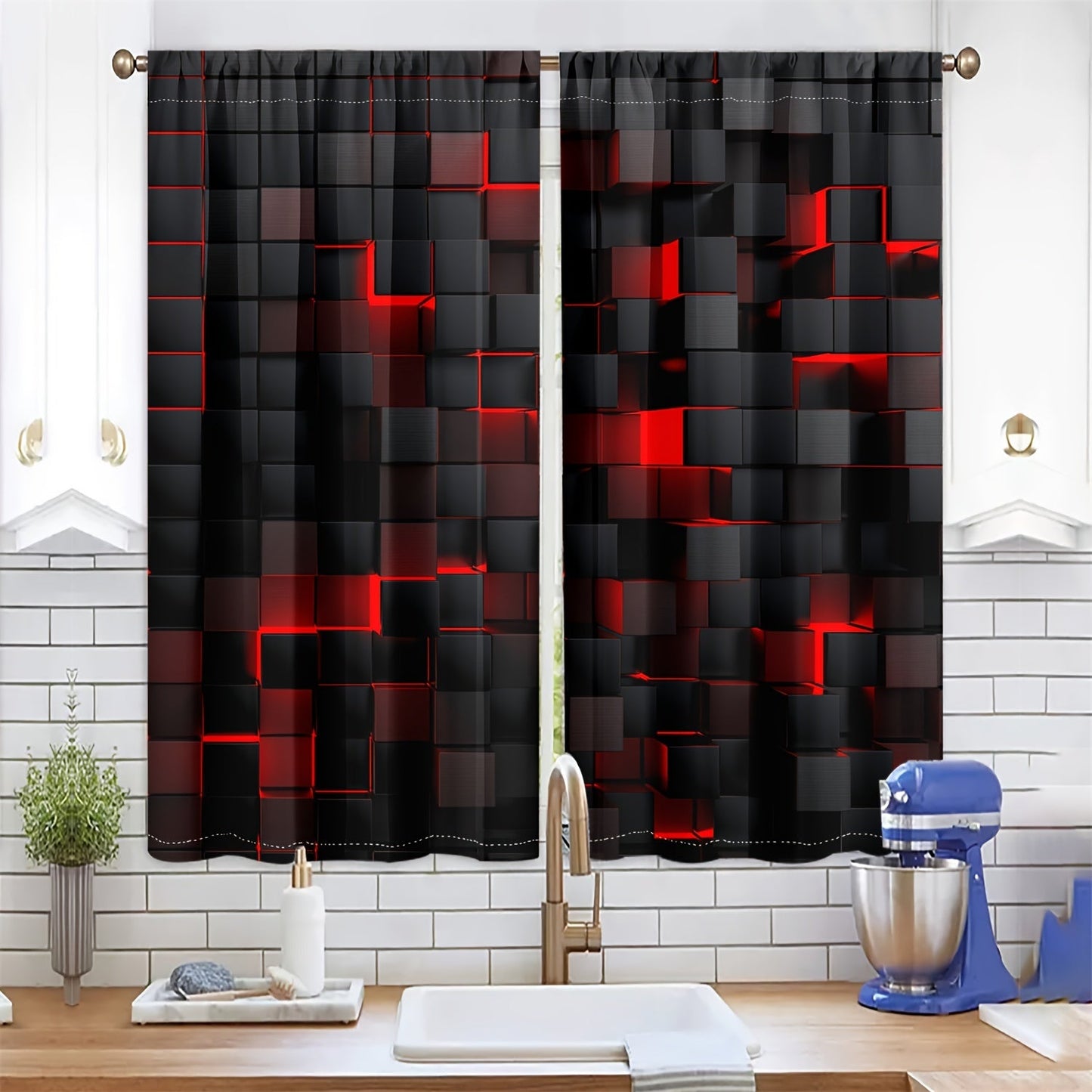 Set of 2: Abstract Red & Black Gradient Curtains - Modern Geometric Design, Semi-Transparent Drapes for Privacy in Living Room and Bedroom Decor