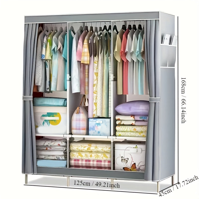 Metal Fabric Wardrobe Organizer with Clothing Storage Rack, Easy Assembly Closet System for Shirts, Clothes, and Quilts. Versatile storage solution for home, dorm, or bedroom. Requires no power, weather-resistant, and weighs under 13.61KG with a height