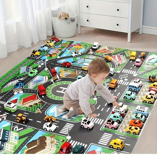 Large city traffic play mat for kids made of waterproof non-woven fabric with colorful road signs and vehicles. An educational and fun green transportation game for modern room decor.