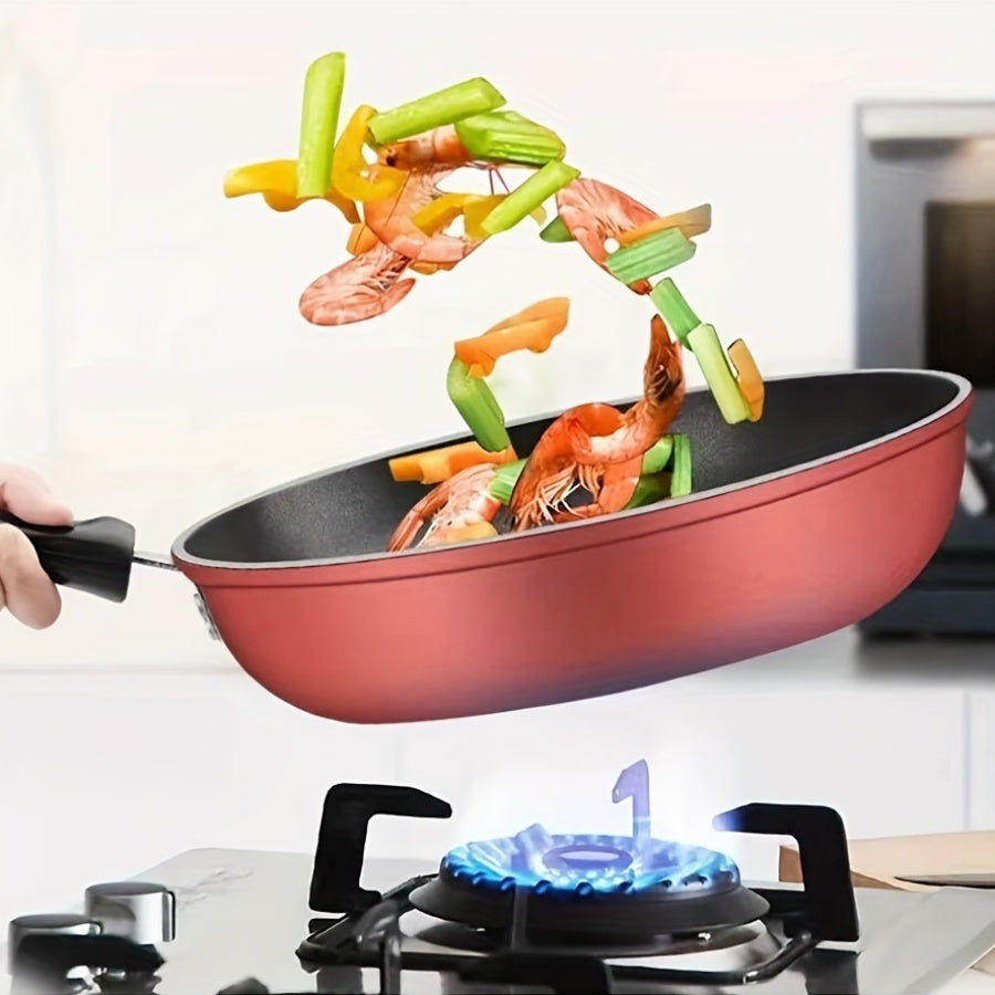 The 9.5-Inch Non-Stick Skillet features a durable cast iron handle, is dishwasher safe, and comes with a lid. It is suitable for smooth-top and induction cookers, and utilizes German Non-Stick Technology for versatile cooking options such as frying