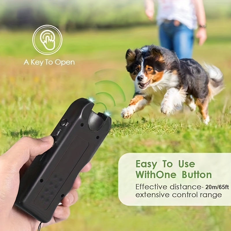 Portable ultrasonic device repels dogs and controls barking with LED light.