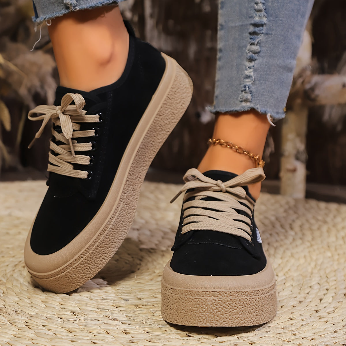 Chunky platform sneakers for women with summer canvas fabric, lace-up design, solid color, rubber sole, and non-washable.