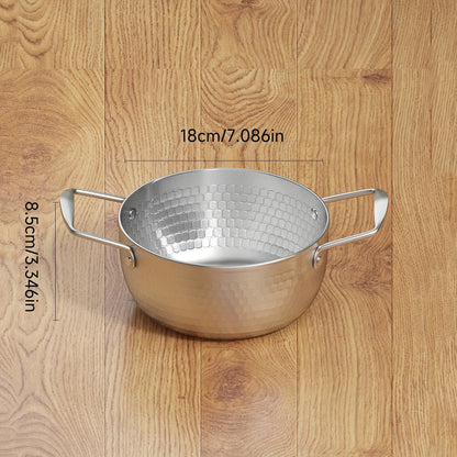 A stainless steel soup pot with two handles for home use, perfect for cooking instant noodles and boiling milk on a gas stove, in a shiny silver color.