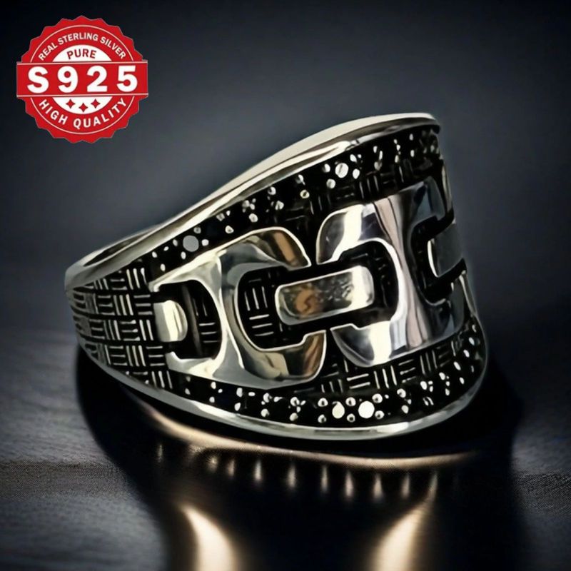 925 Sterling Silver Band Ring with Vintage Style and Unisex Handcrafted Gothic Chain Pattern. Features Natural Agate Inlay and Silver Plating, perfect for Him as a unique gift. Ideal for Weddings, Parties, Daily Wear, with the June Birthstone and for