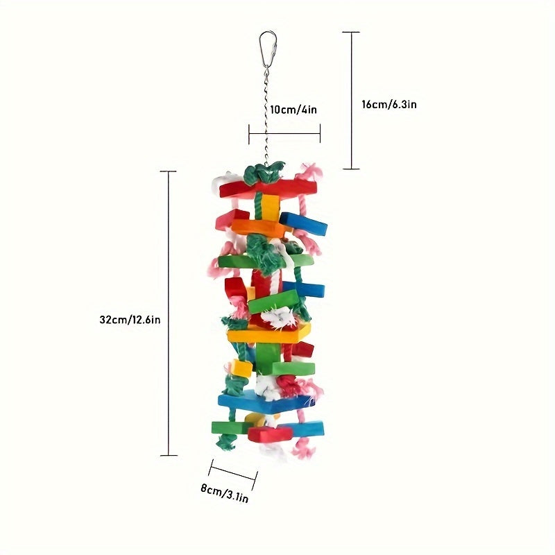 Colorful wooden swing toy with bell for small birds such as budgies, conures, lovebirds, and finches.