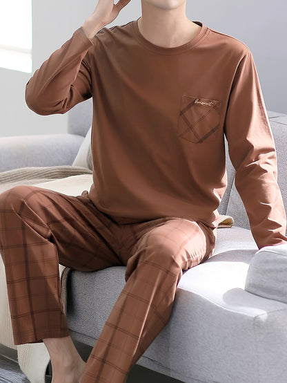 QIANNIANMA men's casual pajama set features a long-sleeve, round neck top and plaid pants with pockets. Made from a stretch polyester blend, it is machine washable and perfect for