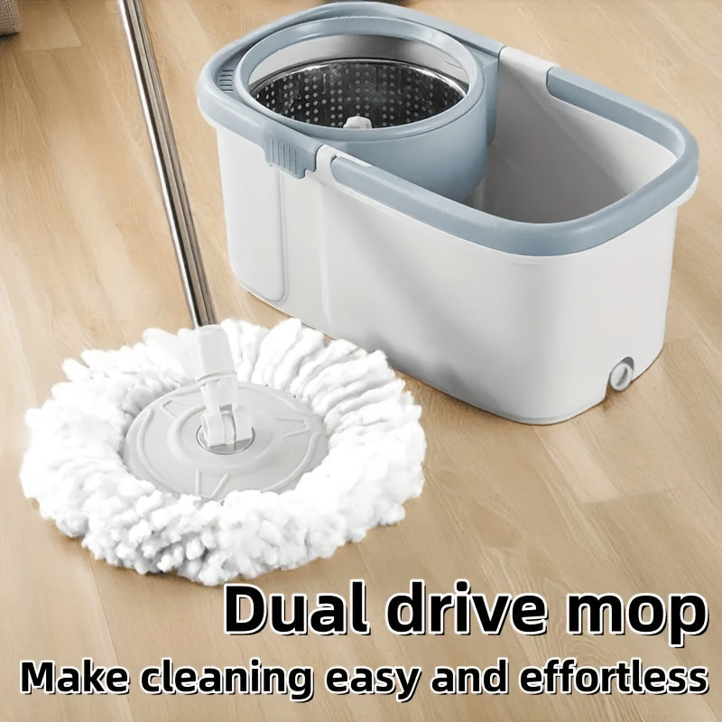 Introducing the 1 Set Double Drive Rotating Mop and Bucket Suit, perfect for efficient water absorption and dust removal in your living room or toilet. This durable plastic mop features a stainless steel handle, 360 ° rotating head, and does not require