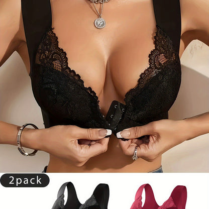 Solid floral lace wireless bra with front closure, comfortable push-up style for women's lingerie.