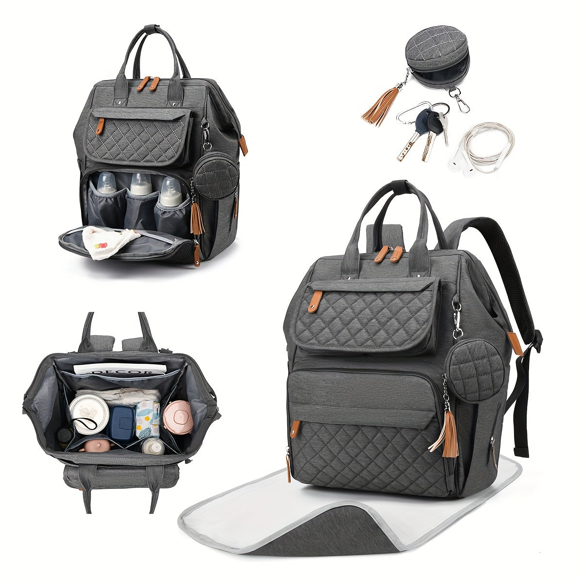 Portable mom storage backpack with large capacity and multiple compartments for diapers and milk bottles.