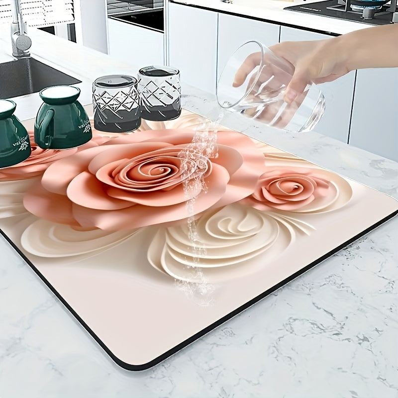 Top Pick! Elegant Floral Kitchen Drying Mat - Highly Absorbent & Non-Slip, Made with Diatom Mud Rubber, Perfect for Countertops, Faucets & Pet Areas, Stylish Black with White Flowers & Green Leaves Design, a Must-Have for Every Home