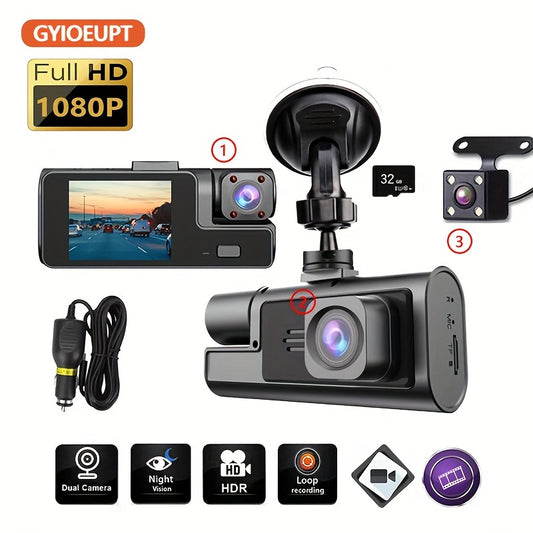 GYIOEUPT Triple Camera Front Lens with 1080P, built-in lens with 480P, and rear lens with 480P HD tachograph. Features include infrared night vision, cycle recording, 5.08 cm IPS screen