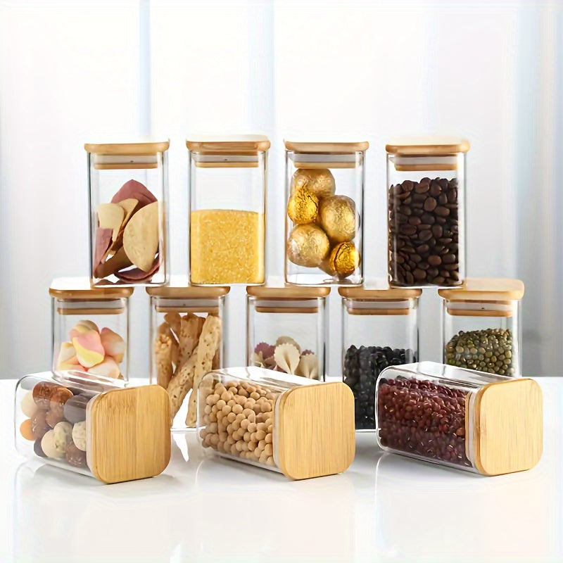 12-piece square glass spice jar set with waterproof labels and whiteboard marker. Made of heat-resistant borosilicate glass for salt, pepper, sugar. Includes bamboo lids, dishwasher safe