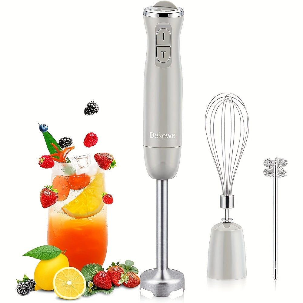 Set of 3 includes a hand blender with electric whisk and milk frother, a puree stick with stainless steel mixing base, and a stainless steel puree stick with 12 adjustable speeds.